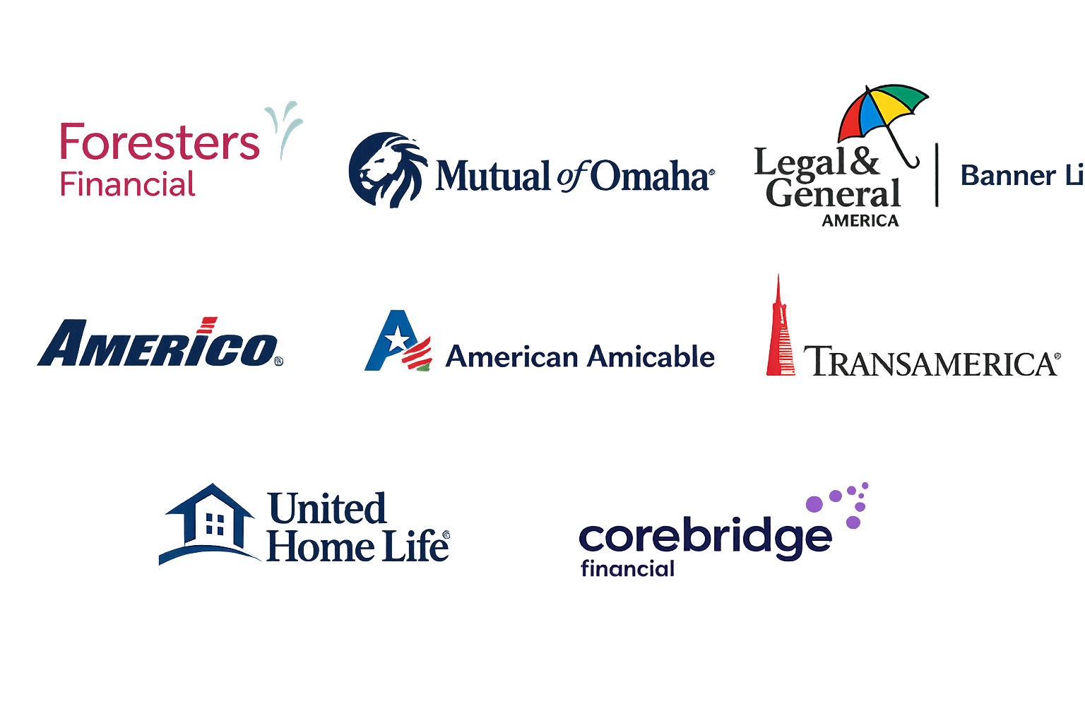 A-rated carriers including Mutual of Omaha, Foresters Financial, Legal & General America, Banner Life, Transamerica, Americo, American Amicable, Corebridge Financial, and United Home Life